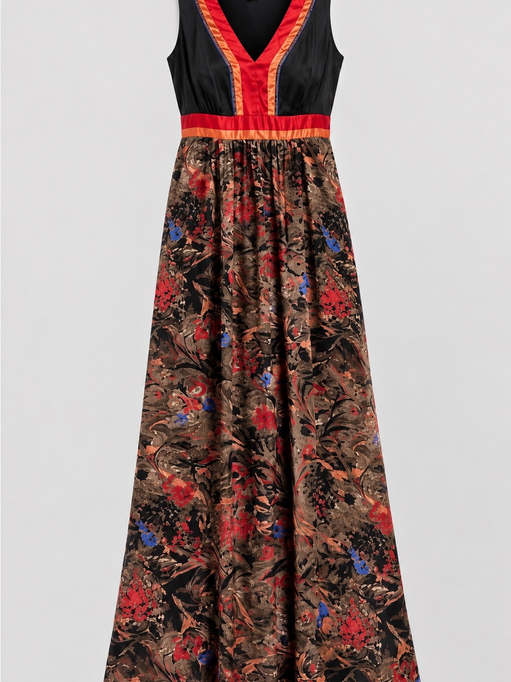 Kensie‎ 100% Silk Maxi Dress M Black Bodice Empire Waist Earthy Floral